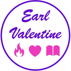 Logo for Earl Valentine. Name in script between two arrows, each pointing in opposite directs with points that are three red heart.